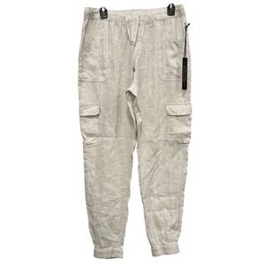 NWT Nicole Miller New York Womens Large Linen Cargo Jogger Pants Beige Flax